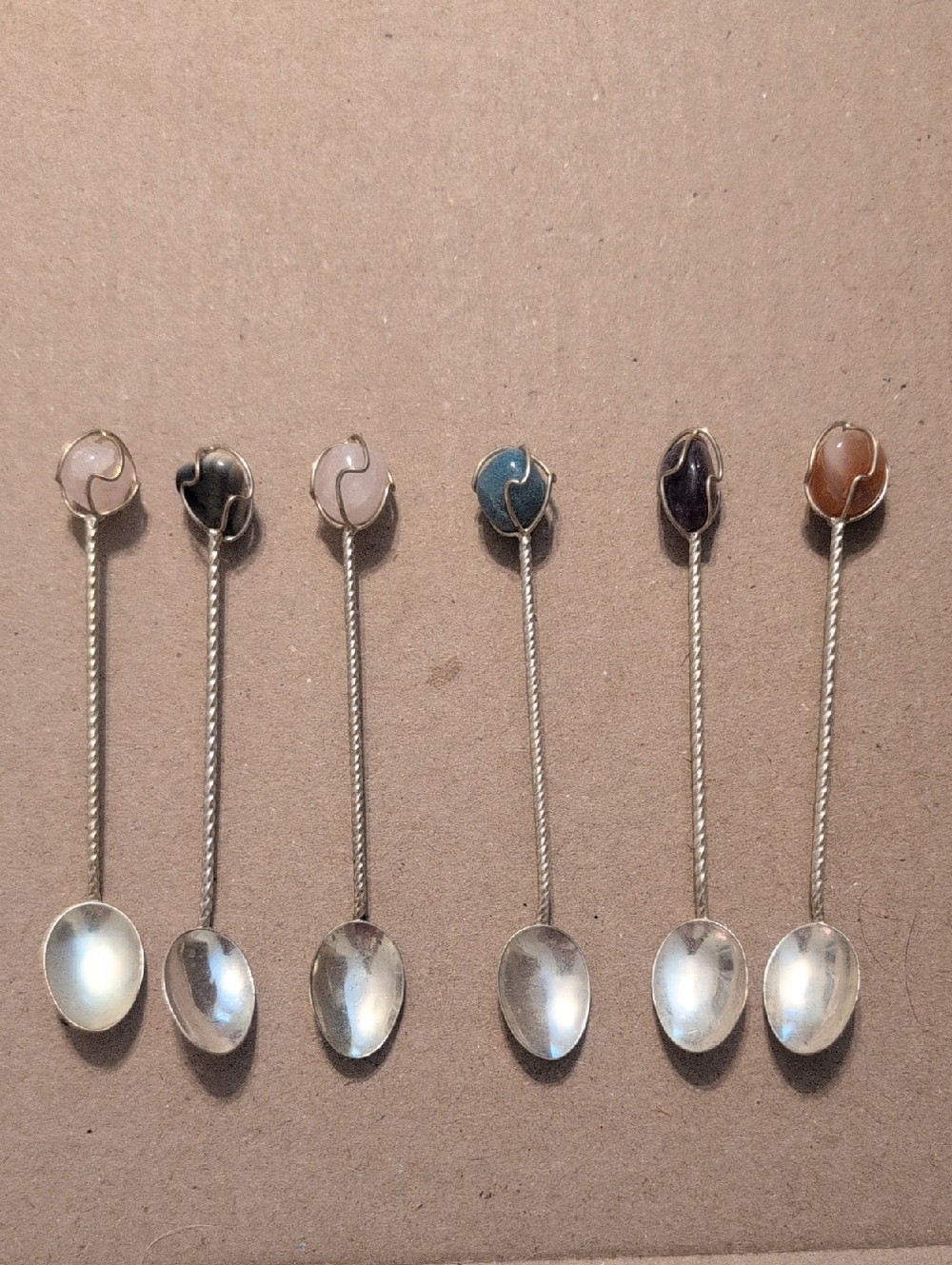 Silver Tone Bar Spoon Set Of 6 - Multi-Color Semi Precious Stones